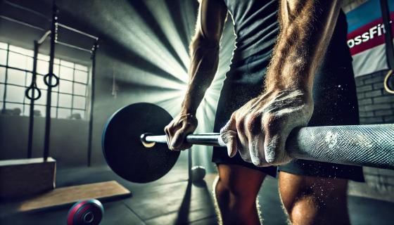 Des mains couvertes de magnésie agrippant une barre en salle de CrossFit.